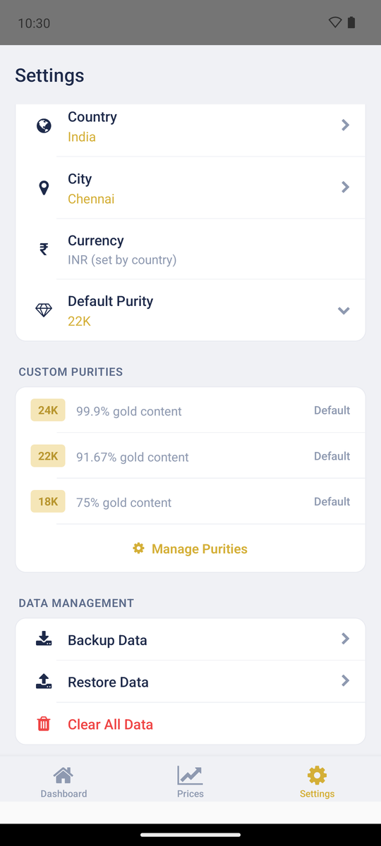 Settings screen with country and security options